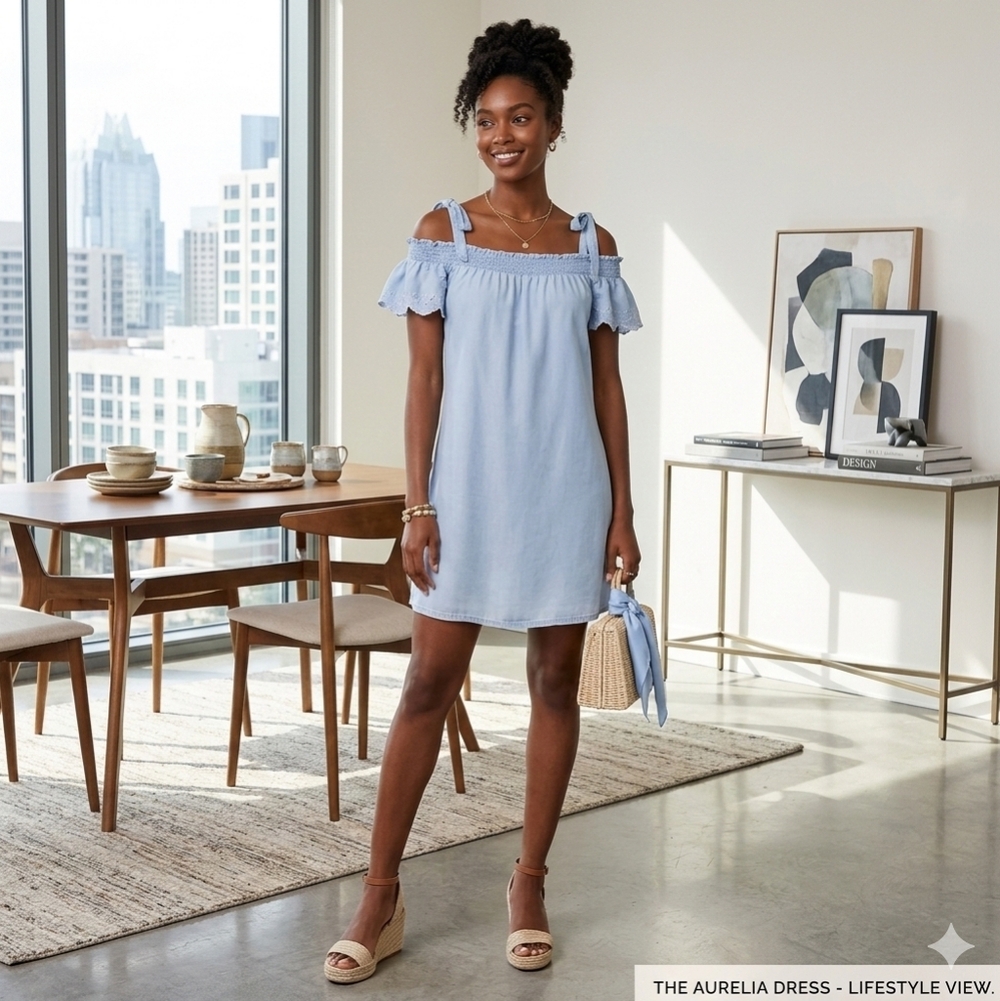 See Curated Box #6 Candies light blue denim off the shoulder dress soft & comfy